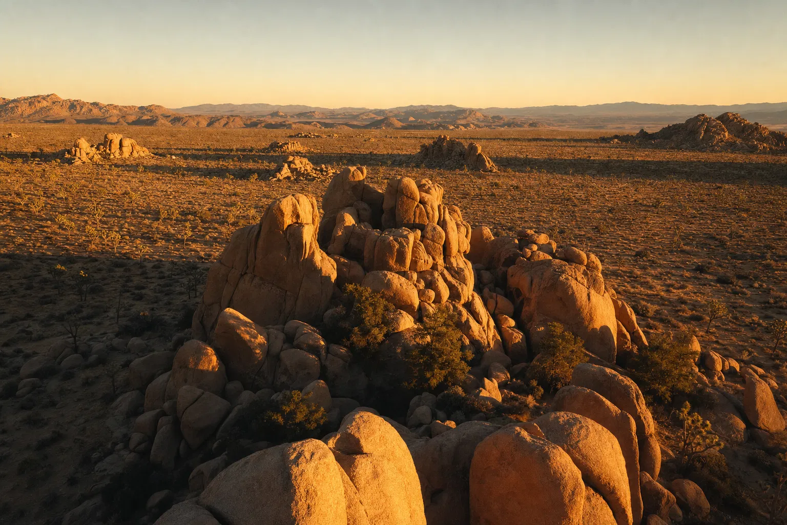 Aerial view of Joshua Tree National Park boulder formations at golden hour