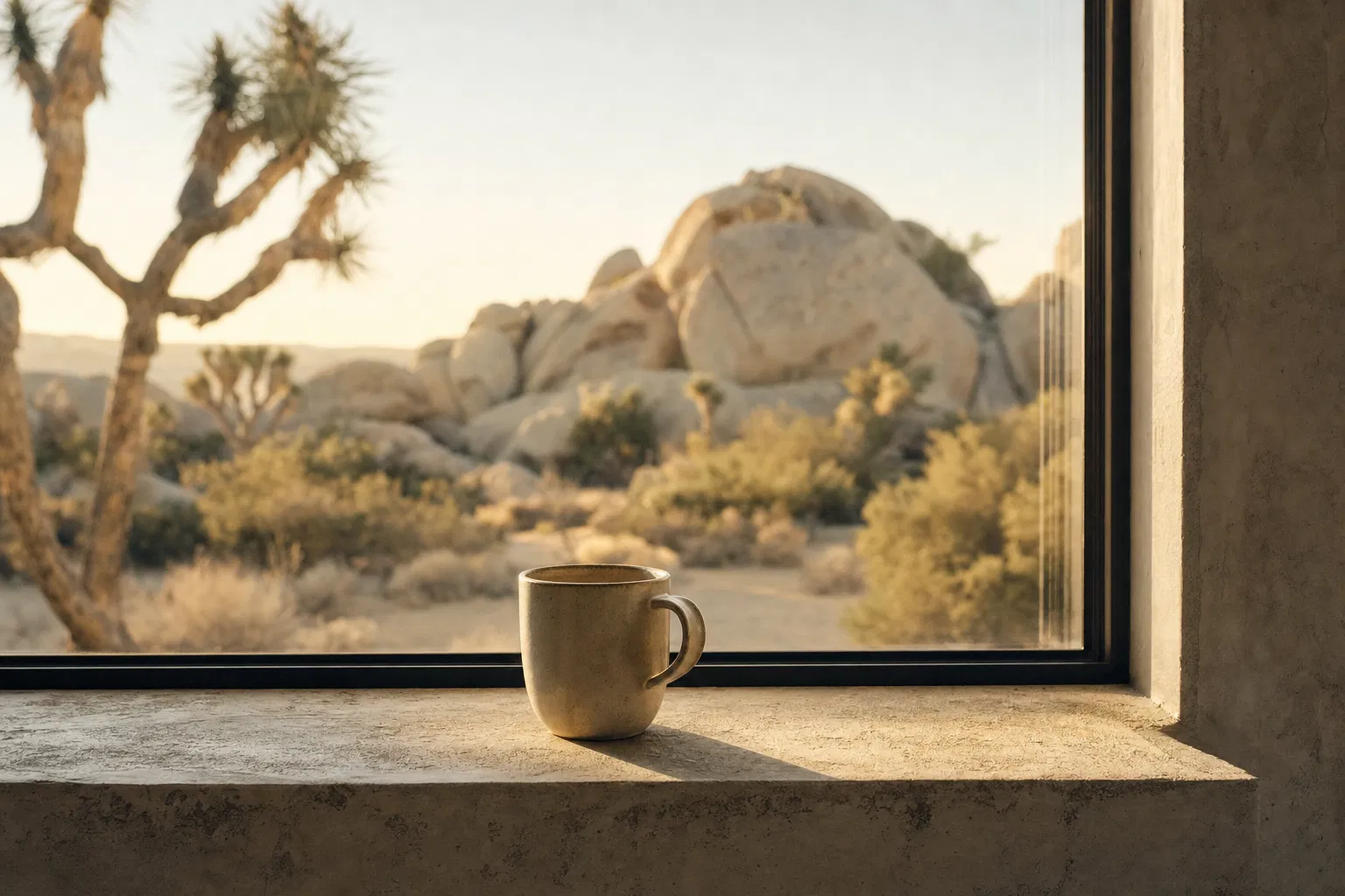 Ceramic coffee cup on a desert windowsill, Joshua Tree boulders in morning light