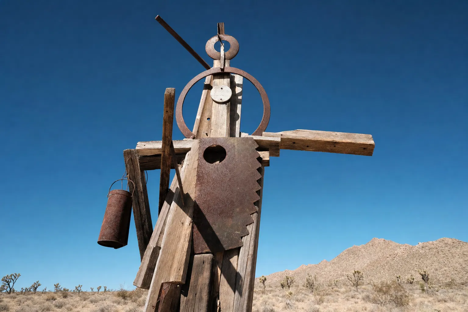 Abstract desert sculpture of weathered wood and found metal, Joshua Tree California