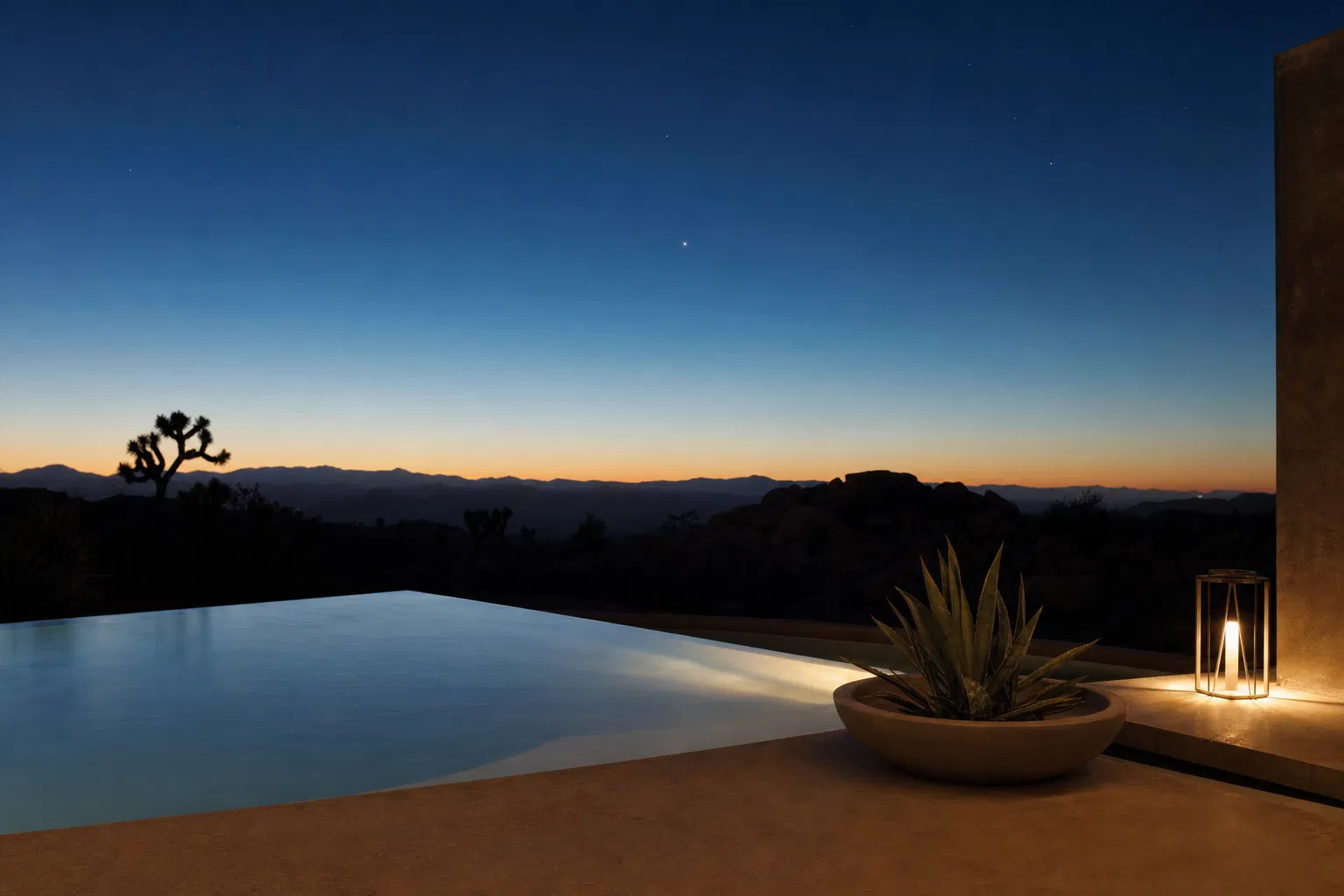 Private pool and spa at dusk, SaguaroHaus Joshua Tree California